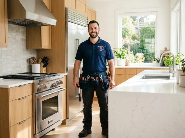 Appliance Repair Hero technician in a Belmont, CA kitchen after an appliance repair