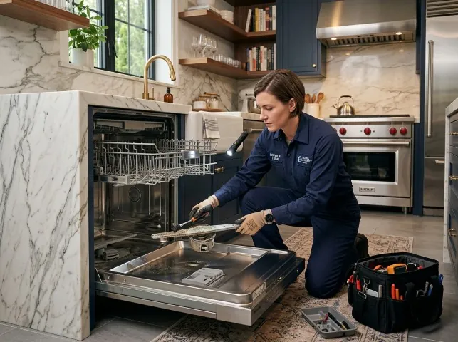 Appliance Repair Hero technician servicing a built-in dishwasher in a Belmont, CA kitchen