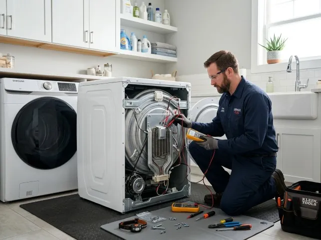 Appliance Repair Hero technician checking a dryer heating element with the rear panel off in Belmont, CA