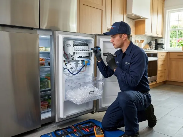 Appliance Repair Hero technician repairing a refrigerator ice maker in Belmont, CA
