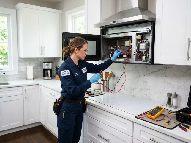 Appliance Repair Hero technician testing an over-the-range microwave in a Belmont, CA kitchen