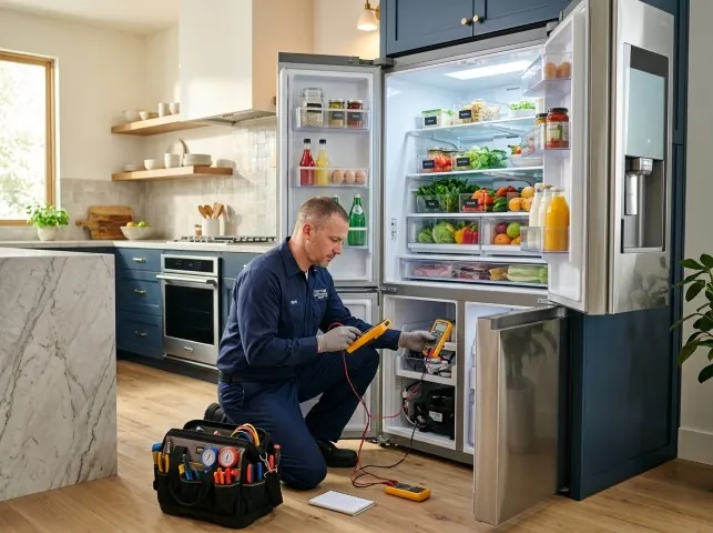 Appliance Repair Hero refrigerator technician testing a fridge on a Belmont, CA service call