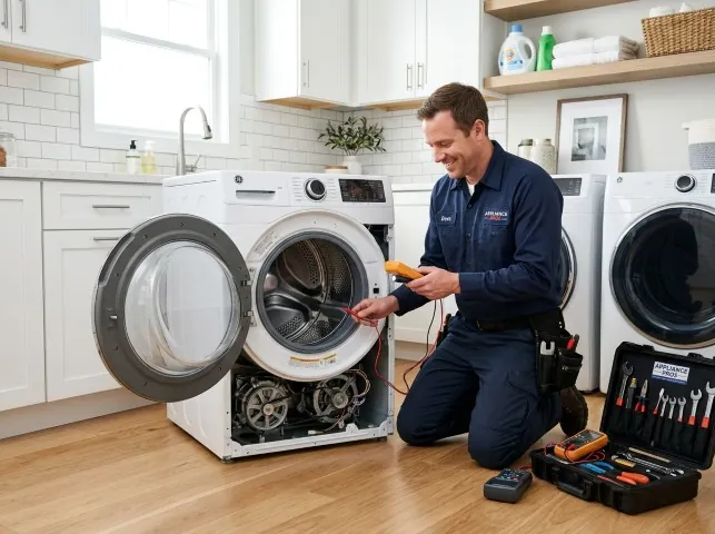 Appliance Repair Hero technician testing a front-load washer with a multimeter on a Belmont, CA service call